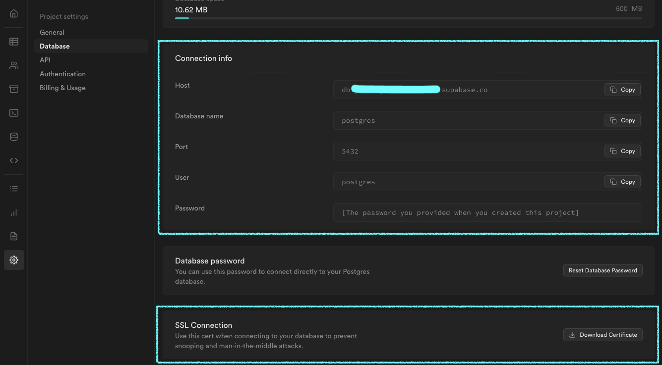 Connection Info and Certificate.